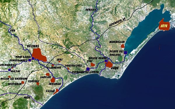 Le tracé du Canal et les différents lieux présentés sur le site